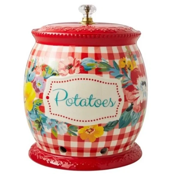 🌺 New The Pioneer Woman Potato's Vegetable Keeper Canister Red Gingham Checks - Picture 2 of 6